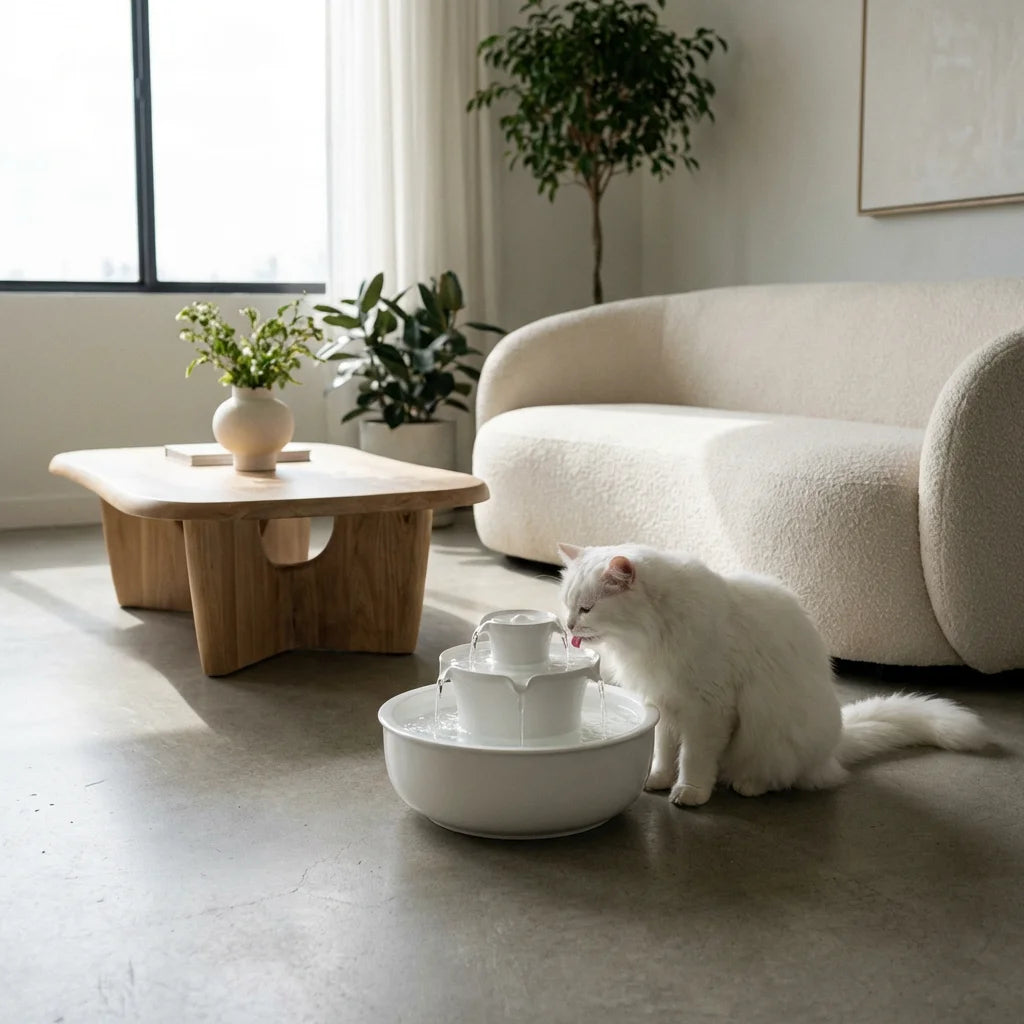 PawsPrank Minimalist Ceramic Cat Water Fountain - Silent & Pure